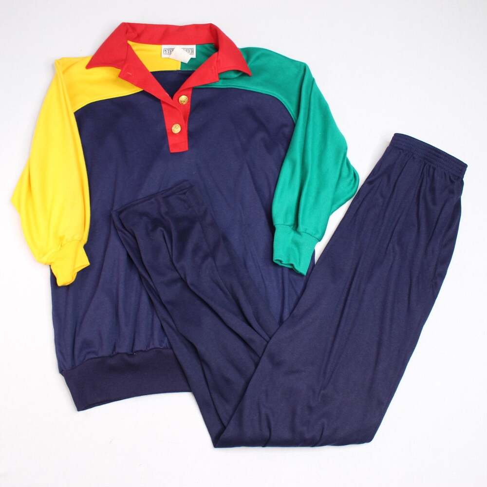 VTG 80s Peter Popovitch Polo Collar 3/4 Sleeve Colorblock Womens M Pant Set USA